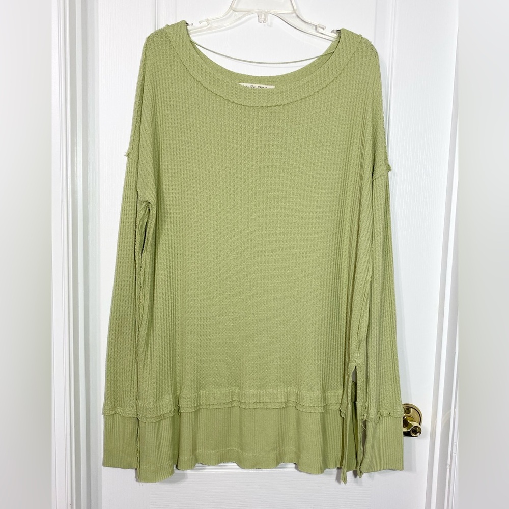 We The Free Waffle Knit Wide Neck Long Sleeve Tunic Top Light Green Medium